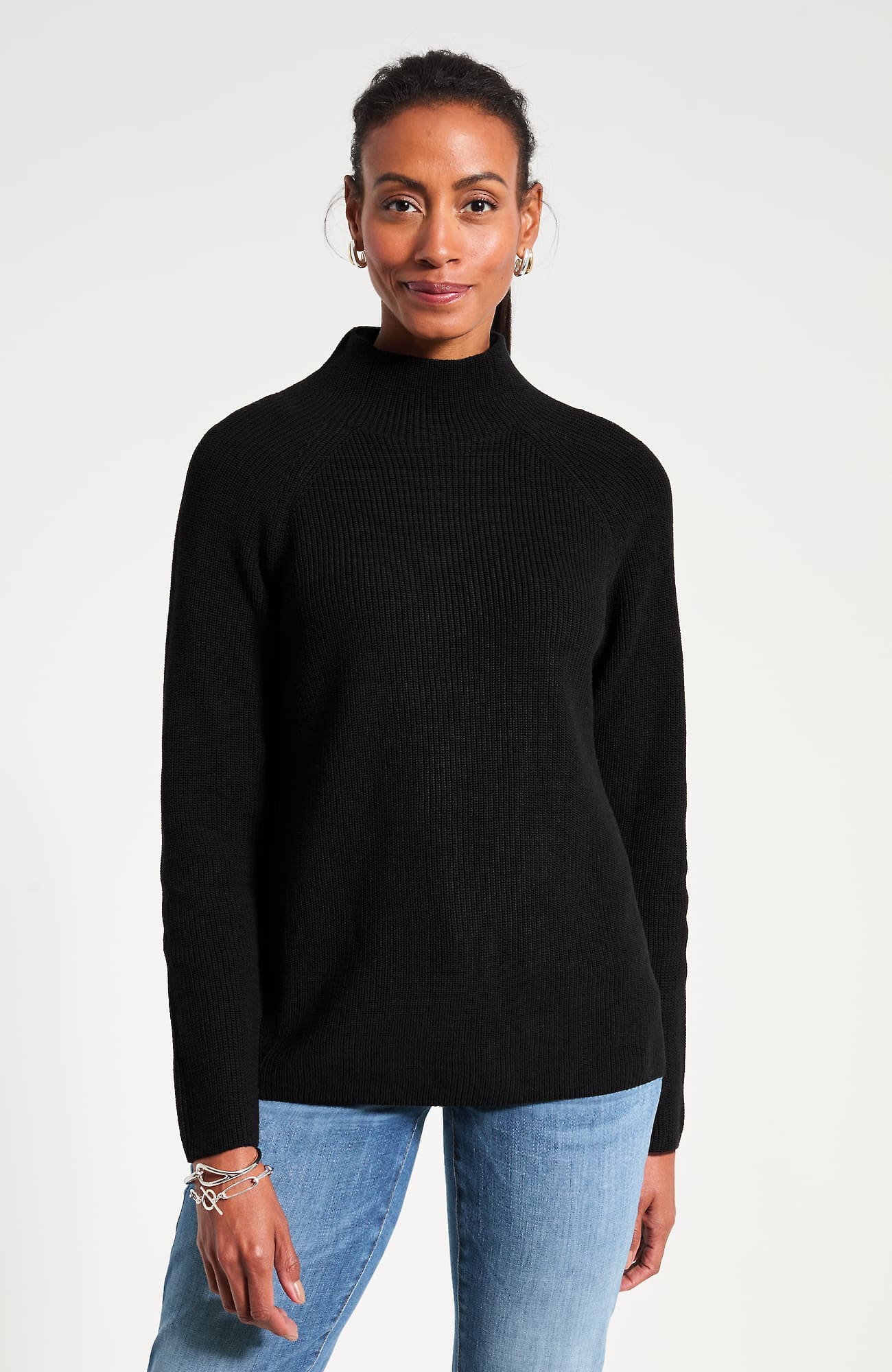 Women's Tall 100% Cotton Ribbed Funnel-Neck Sweater (Black) (Size: LT) J. Jill