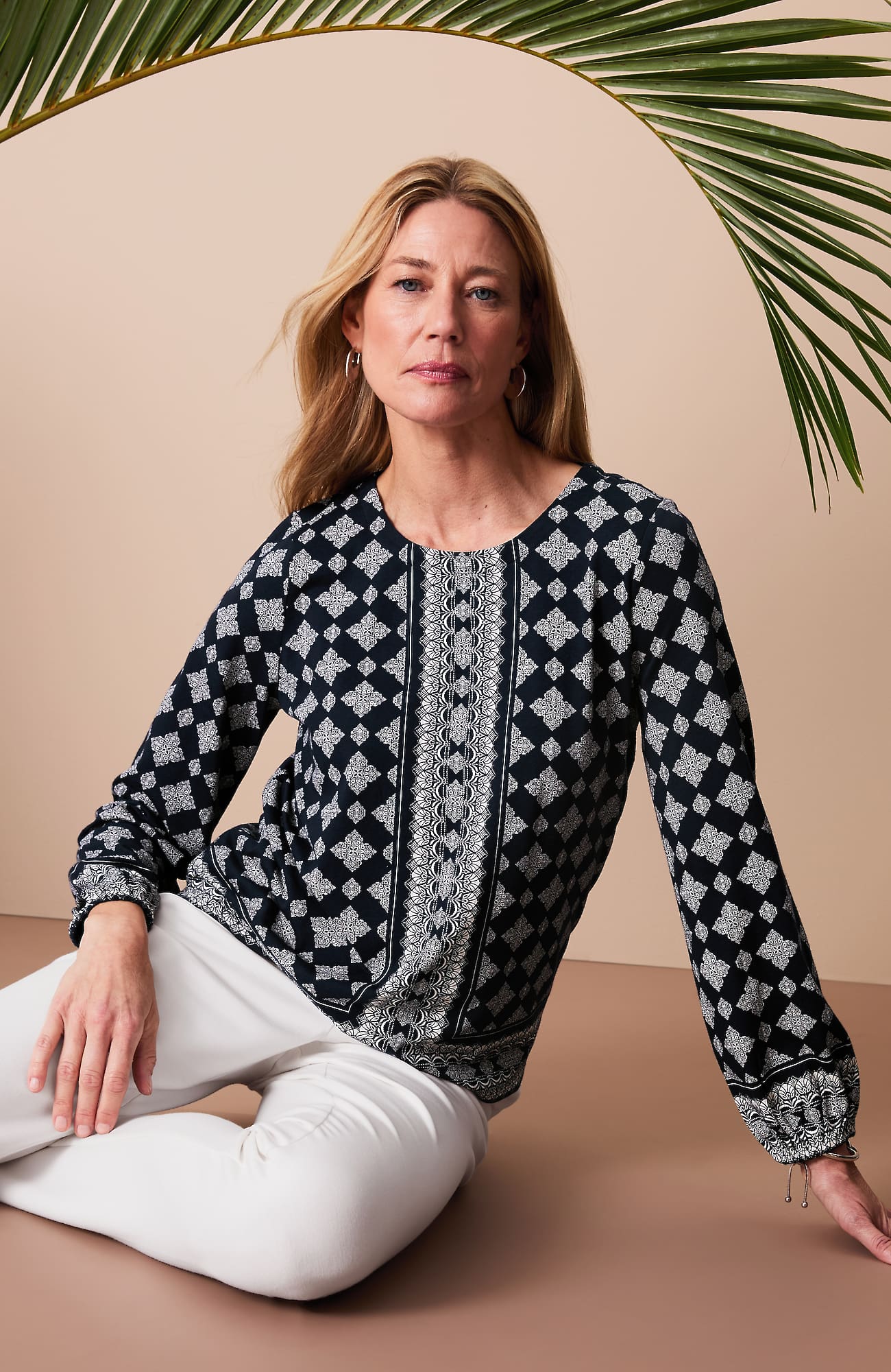 Women's Tall Border-Printed Top (Classic Navy Intricate Foulard) (Size: XLT) J. Jill