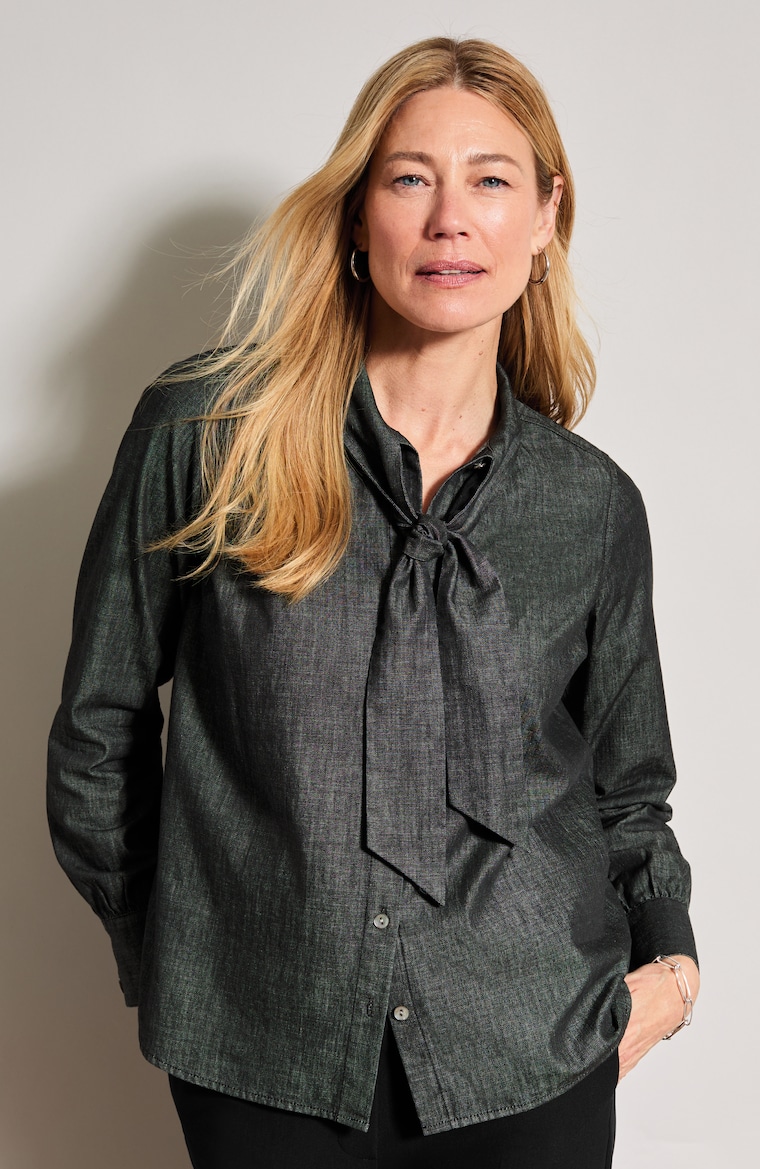 Primary view of the denim tie-neck shirt