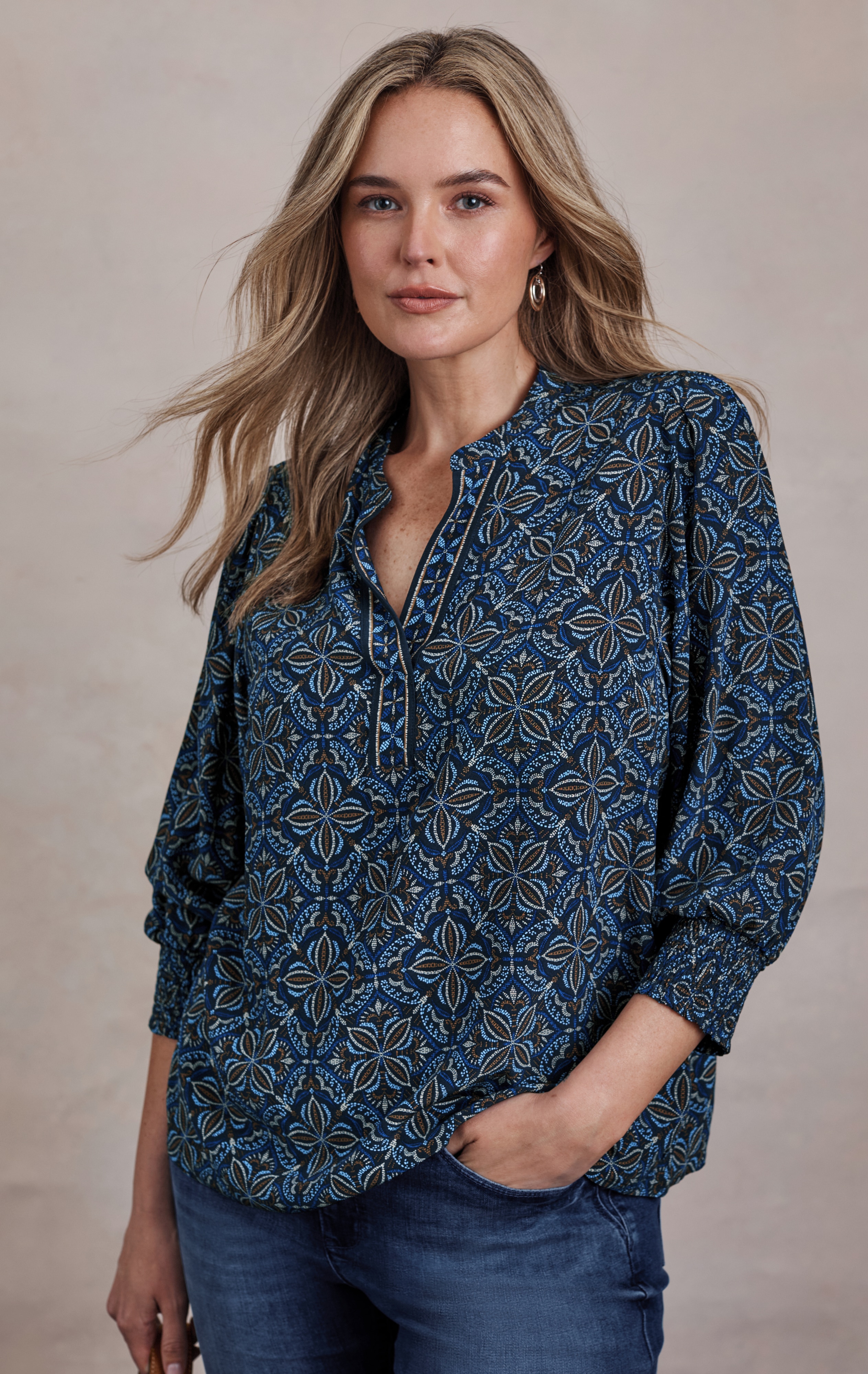 Border-Printed Smocked-Sleeve Top