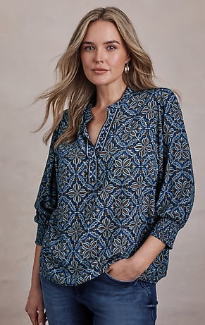 Image for Border-Printed Smocked-Sleeve Top