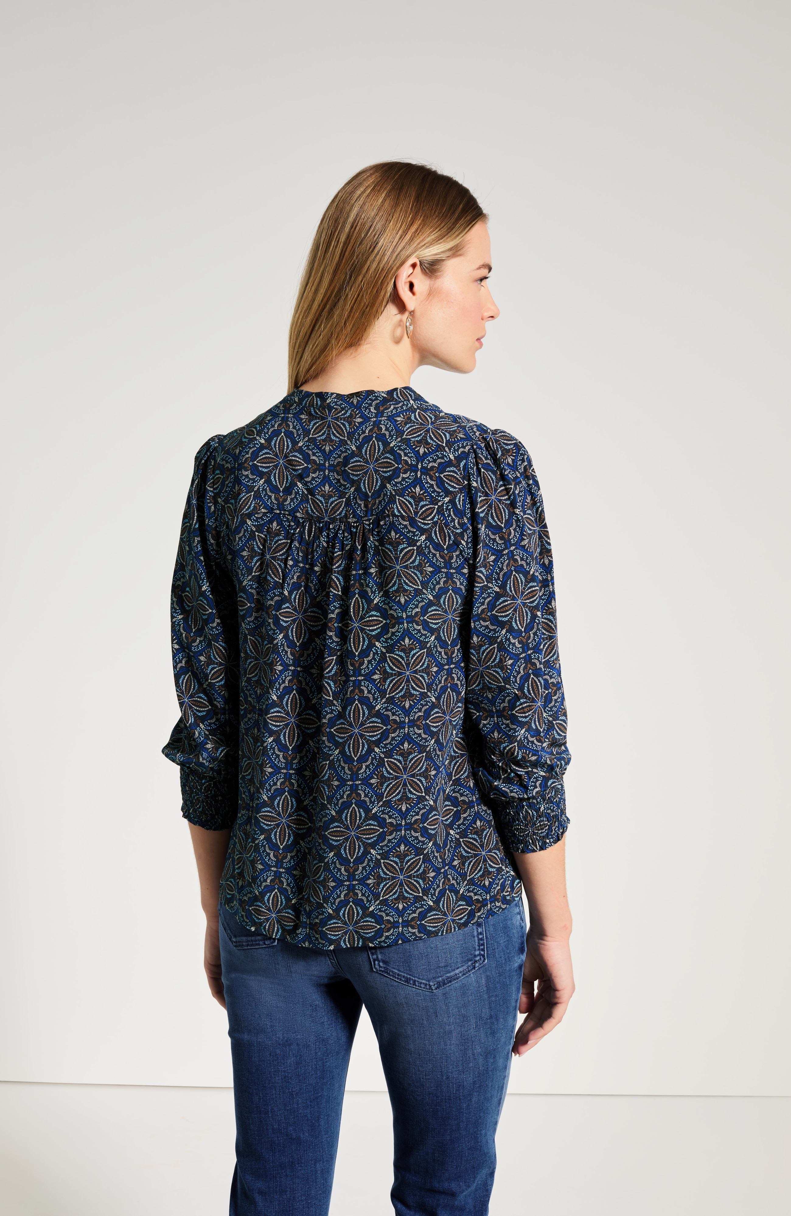 Border-Printed Smocked-Sleeve Top