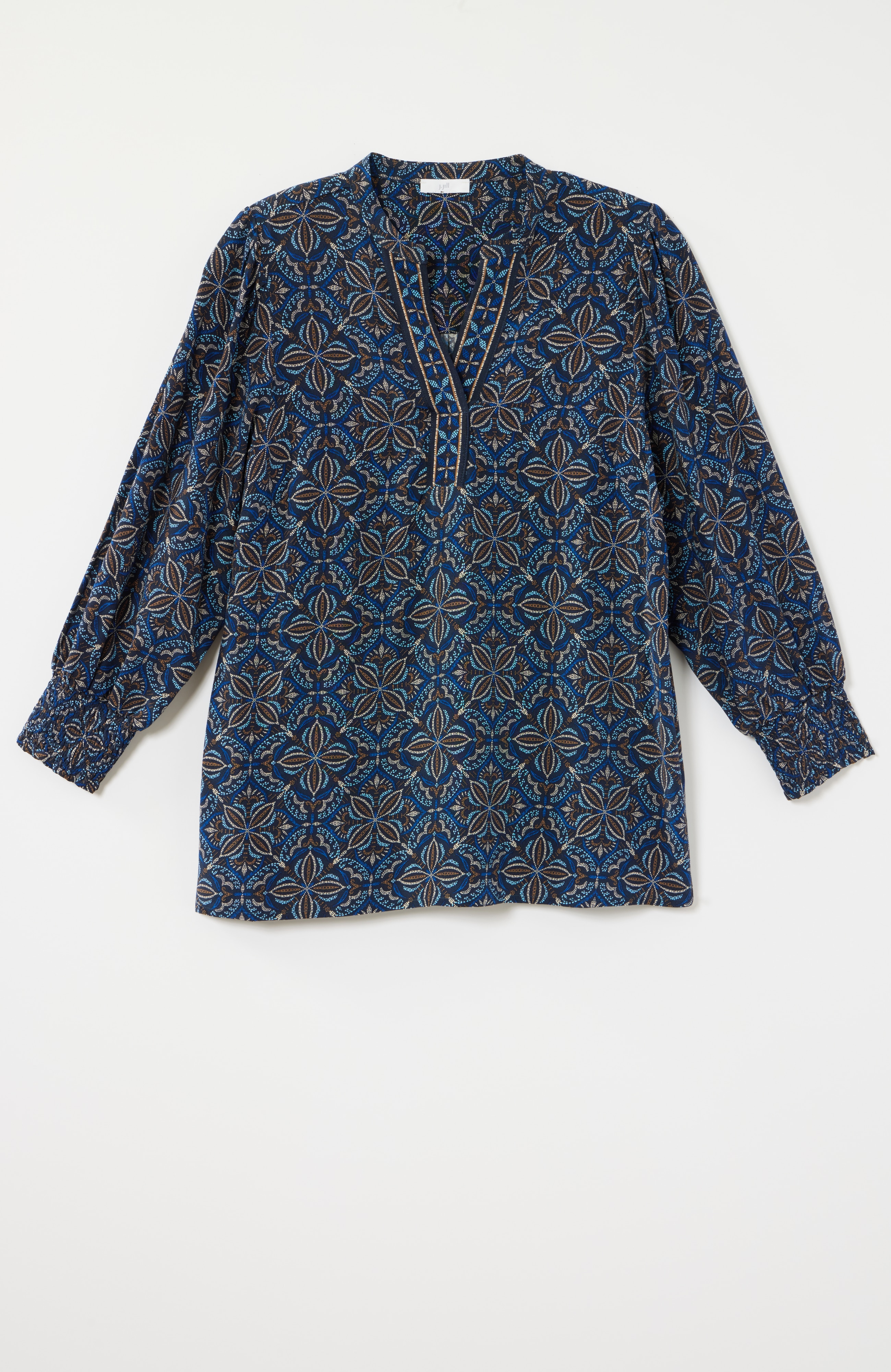 Border-Printed Smocked-Sleeve Top