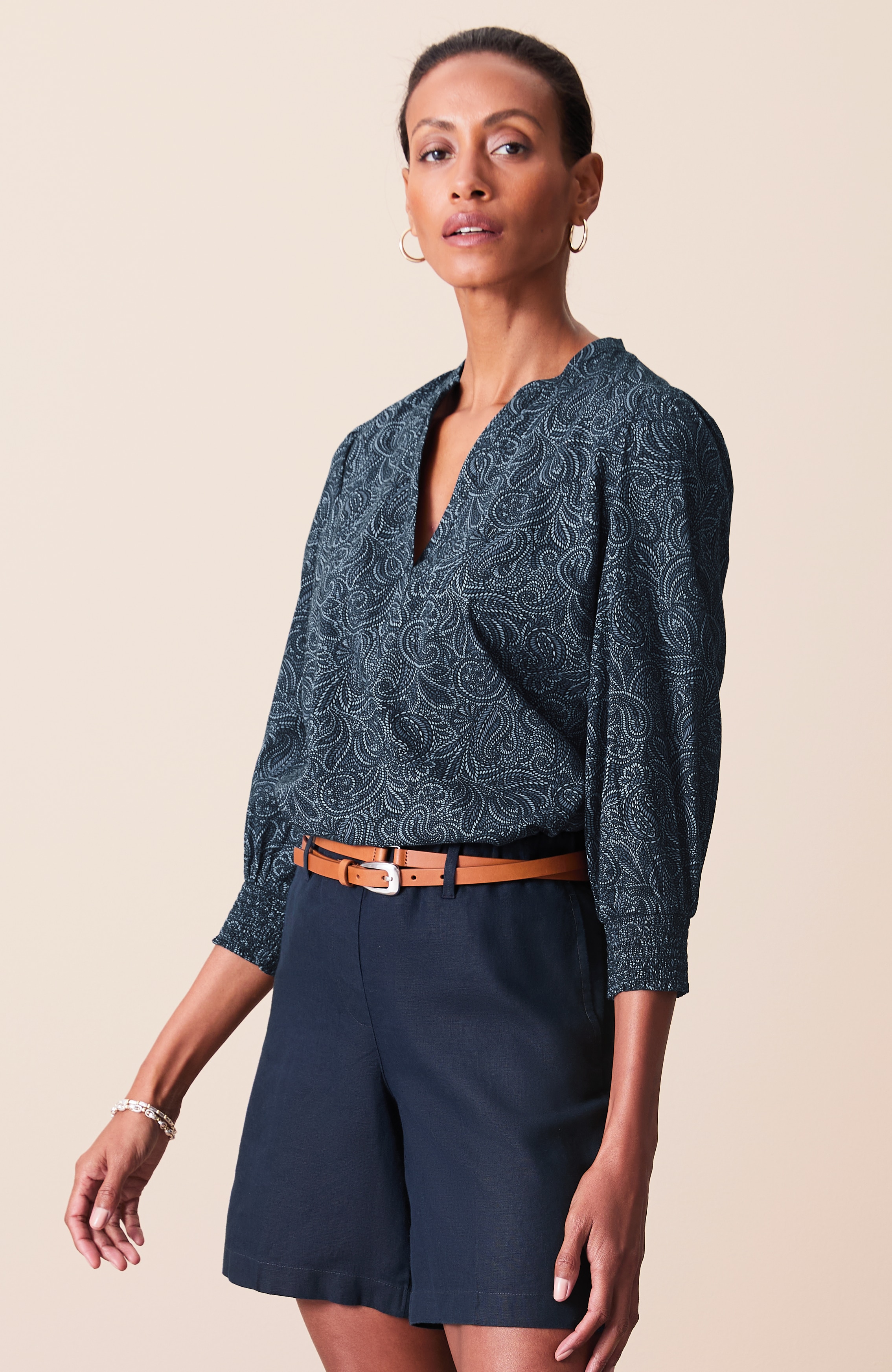 Cotton Smocked-Sleeve Popover