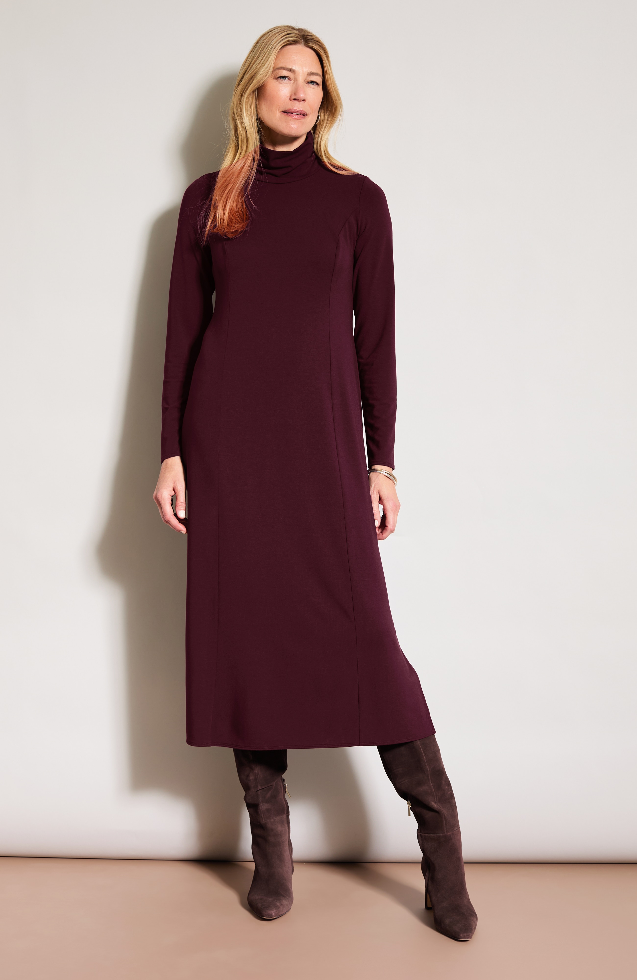 Ruched Turtleneck Midi Dress