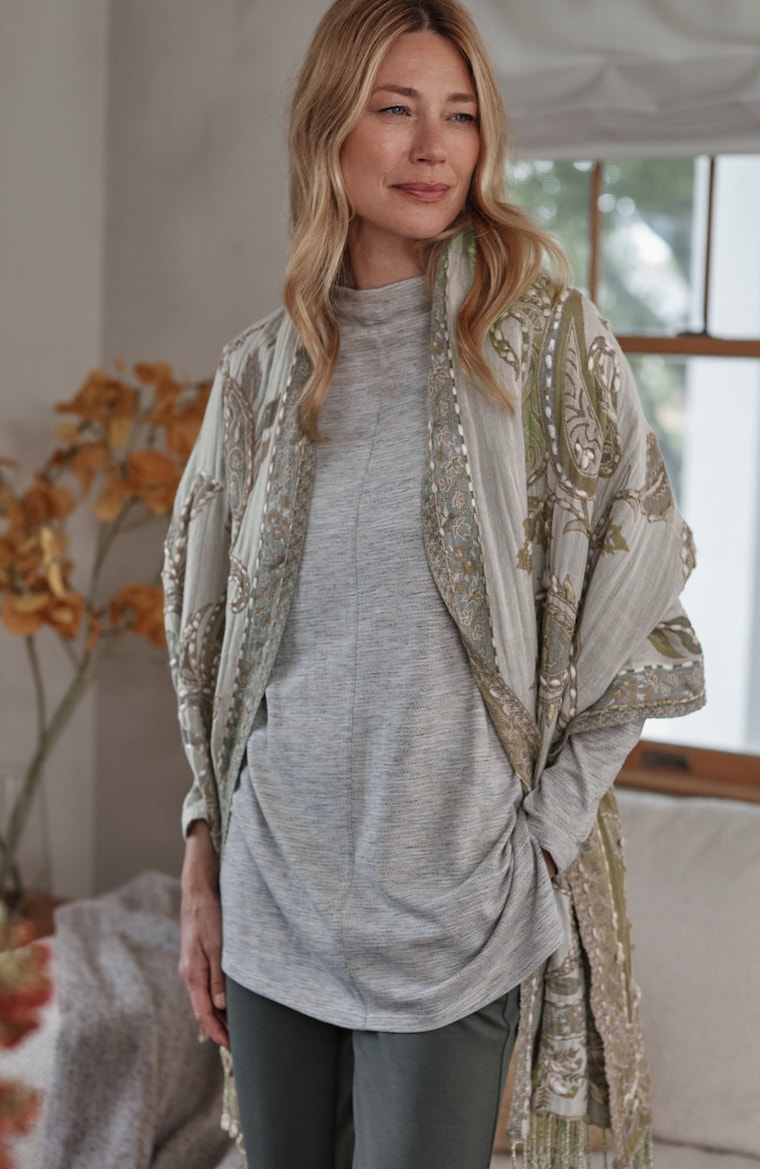 Primary view of the hand-embroidered paisley jacquard scarf
